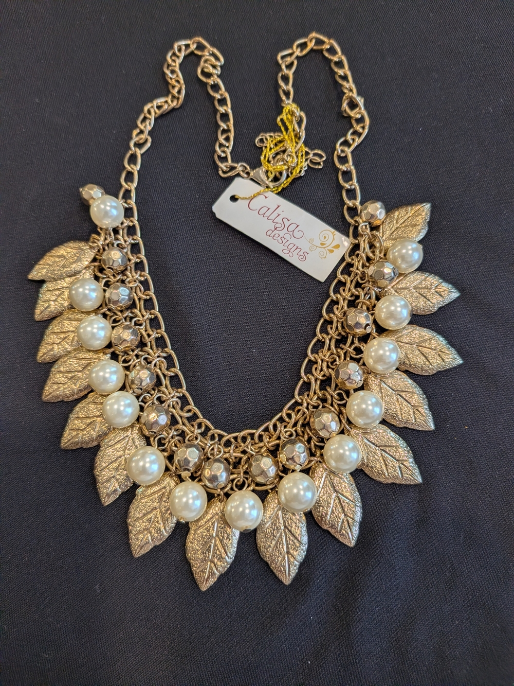 Gold Leaf Pearl Bib Necklace 13.5"